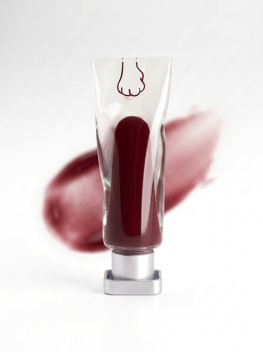 mew lip glaze in Kiss, a wet wine red, with its swatch